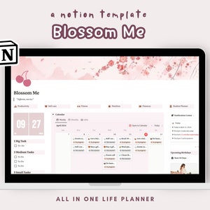 Notion Template LIFE PLANNER NOTION-Cherry Blossom.Aesthetic Digital Planner to improve focus and productivity. Mental Health Dashboard