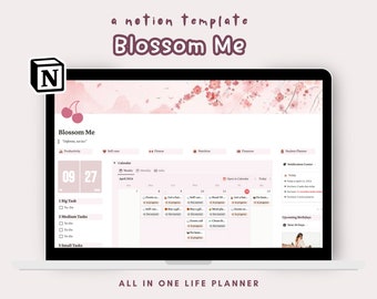 Notion Template LIFE PLANNER NOTION-Cherry Blossom.Aesthetic Digital Planner to improve focus and productivity. Mental Health Dashboard