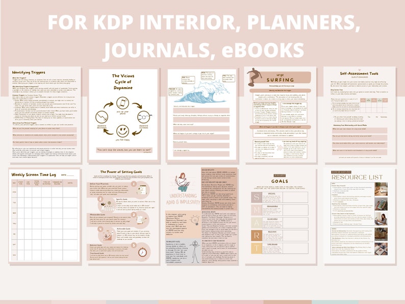 May include: A set of printable worksheets for self-improvement and productivity. The worksheets include topics such as identifying triggers, the vicious cycle of dopamine, the power of setting goals, understanding impulsivity, surfing, self-assessment tools, a weekly screen time log, and a resource list.