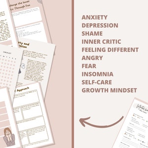 May include: A set of printable worksheets for mental health, featuring a pink background with brown text. The worksheets include titles such as "My Worry Jar", "Self Care Checklist", "Anxiety Breakdown", and "What I'm Grateful For". The worksheets also include a list of mental health challenges such as "Anxiety", "Depression", "Shame", "Inner Critic", "Feeling Different", "Angry", "Fear", "Insomnia", "Self-Care", and "Growth Mindset".