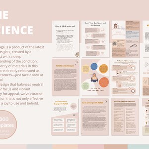May include: A set of printable templates for managing ADHD. The templates are designed with a neutral color palette and feature illustrations of people and objects. The text on the templates includes phrases like "Boost Your Confidence and Self-Esteem", "Know Yourself Better", and "Goal Setting with ADHD".