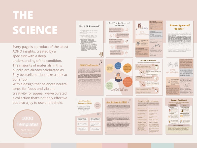 May include: A set of printable templates for managing ADHD. The templates are designed with a neutral color palette and feature illustrations of people and objects. The text on the templates includes phrases like "Boost Your Confidence and Self-Esteem", "Know Yourself Better", and "Goal Setting with ADHD".