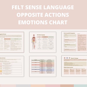 May include: A printable chart with the title "Felt Sense Language: Opposite Actions Emotions Chart". The chart includes sections for "Opposite Actions", "Felt Sense Language", "Calming Self Compassion", "Check the Facts", "Breath Technique", and "Mindful Sensory Journey".