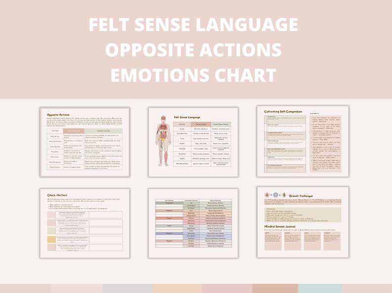 May include: A printable chart with the title "Felt Sense Language: Opposite Actions Emotions Chart". The chart includes sections for "Opposite Actions", "Felt Sense Language", "Calming Self Compassion", "Check the Facts", "Breath Technique", and "Mindful Sensory Journey".