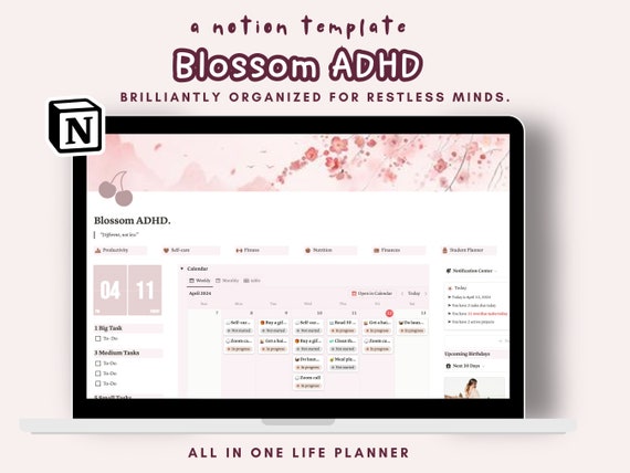 ADHD Notion Template: Cherry Blossom Life Planner (Digital Download)