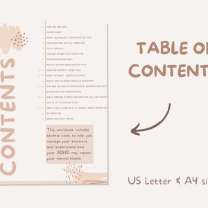 May include: A table of contents page for a workbook that includes tools to help manage emotions and understand how ADHD may impact mental health. The page features a pink and brown colour scheme with a hand drawn illustration of a hand.