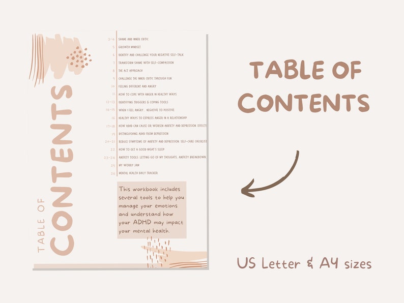 May include: A table of contents page for a workbook that includes tools to help manage emotions and understand how ADHD may impact mental health. The page features a pink and brown colour scheme with a hand drawn illustration of a hand.