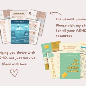 May include: A set of printable worksheets for people with ADHD. The worksheets are titled "Identifying Triggers", "Hidden Depths", "Why is it Difficult to Clean with ADHD?", "The ADHD Cleaning Crusade", and "How to Use It". The worksheets are designed to help people with ADHD thrive, not just survive.