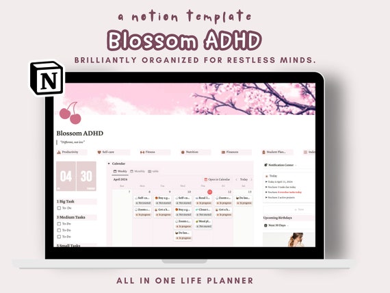 Cherry Blossom ADHD Notion Template: Digital Life Planner (Digital Download)