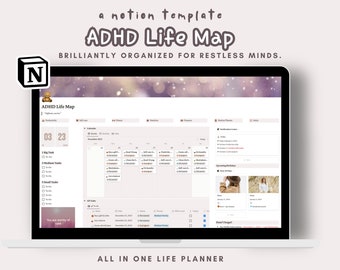 ADHD Notion Template Life Planner. Aesthetic ADHD Digital Planner to improve focus & productivity. Science-based ADHD Notion dashboard.