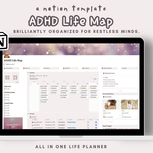 ADHD Notion Template Life Planner. Aesthetic ADHD Digital Planner to improve focus & productivity. Science-based ADHD Notion dashboard.