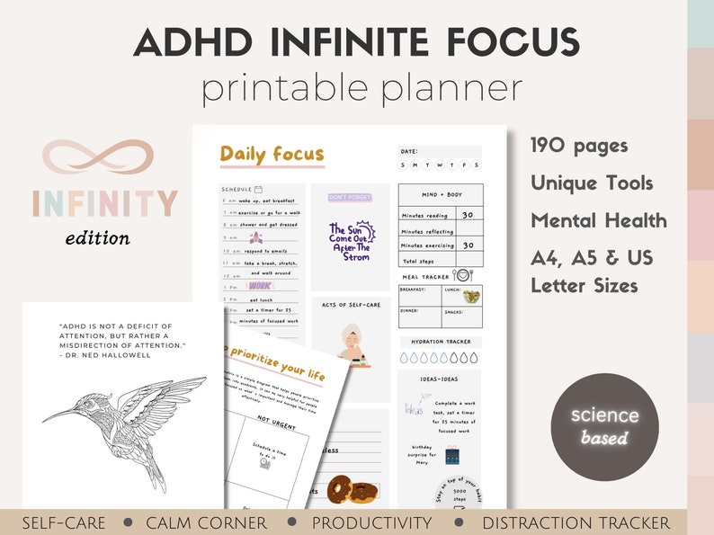 ADHD Planner science based, PRINTABLE Adult ADHD Journal, daily planner, self care & mental health pages. Adhd productivity planner. image 1