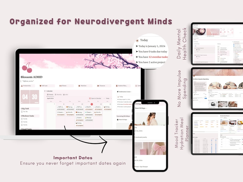 ADHD Notion Template: Cherry Blossom Life Planner (Digital Download) image 2