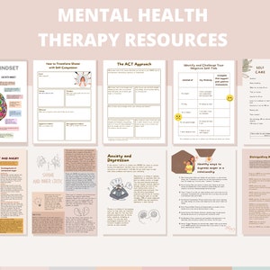 May include: A set of printable mental health therapy resources with worksheets and activities. The worksheets include topics such as growth mindset, shame and inner critic, anxiety and depression, and self-care.