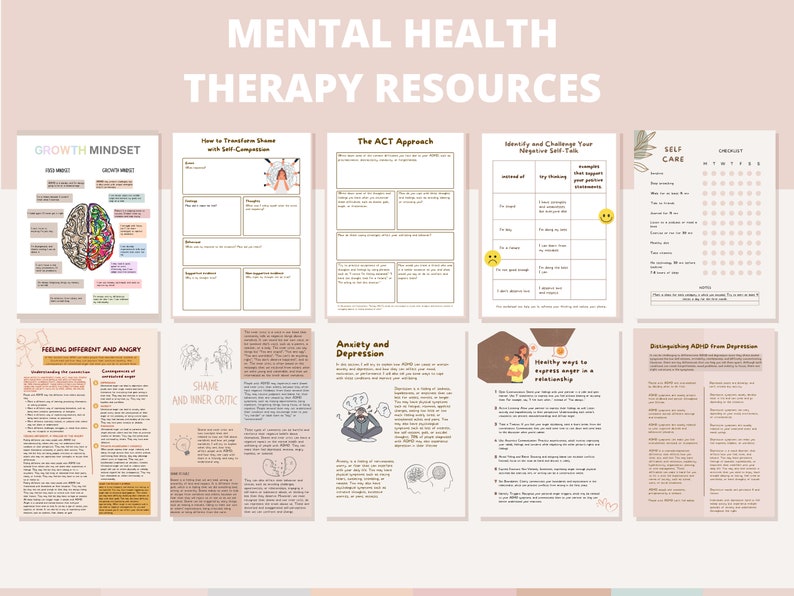 May include: A set of printable mental health therapy resources with worksheets and activities. The worksheets include topics such as growth mindset, shame and inner critic, anxiety and depression, and self-care.