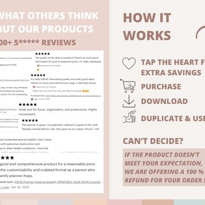 May include: A pink and white graphic with the text "See what others think about our products 800+ 5***** Reviews" and "How it works". The graphic includes customer reviews and a list of steps for purchasing a product: tap the heart for extra savings, purchase, download, duplicate and use it. The graphic also includes a message about a 100% refund if the product doesn't meet your expectations.