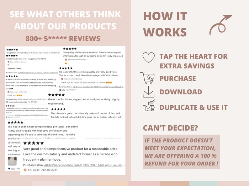 May include: A pink and white graphic with the text "See what others think about our products 800+ 5***** Reviews" and "How it works". The graphic includes customer reviews and a list of steps for purchasing a product: tap the heart for extra savings, purchase, download, duplicate and use it. The graphic also includes a message about a 100% refund if the product doesn't meet your expectations.