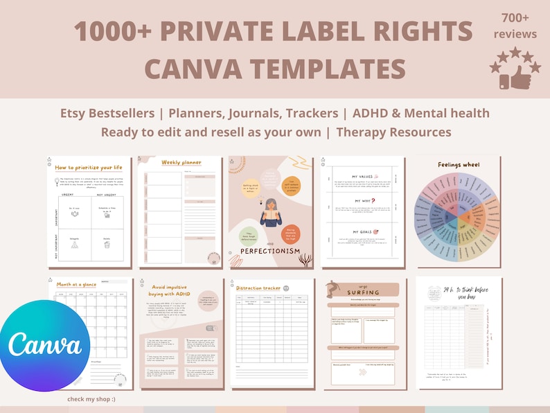 May include: A collection of printable planner templates for Canva. The templates feature a variety of designs, including a weekly planner, a feelings wheel, and a "How to Prioritize Your Life" worksheet. The templates are designed to help users organize their thoughts and feelings, and to track their progress towards their goals. The templates are available for purchase on Etsy.