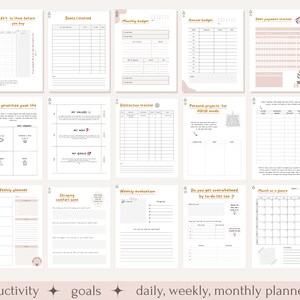 May include: A printable productivity planner with sections for goals, weekly and monthly planning, and a section for personal projects for people with ADHD. The planner has a light pink and brown color scheme with a simple, minimalist design.