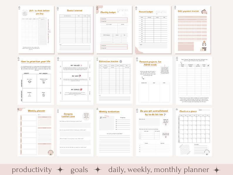 May include: A printable productivity planner with sections for goals, weekly and monthly planning, and a section for personal projects for people with ADHD. The planner has a light pink and brown color scheme with a simple, minimalist design.