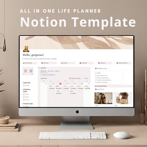 Peut inclure: Un écran d'ordinateur affichant un modèle Notion pour un planificateur de vie tout-en-un. Le modèle comprend des sections pour la productivité, le bien-être, la forme physique, les finances et un planificateur étudiant. L'écran affiche également un calendrier, une liste de tâches et un centre de notification.