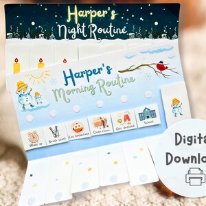 May include: A printable chart for a child's morning routine. The chart has a blue background with white clouds and stars. It features a snowman and a red bird. The chart includes the following activities: wake up, brush teeth, eat breakfast, clean room, get dressed, and school.