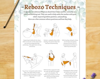Rebozo Techniques Chart, Doula resource, Midwife Resource, Rebozo, Labor Positions, Printable