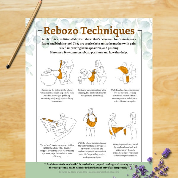 Rebozo Techniques Chart, Doula resource, Midwife Resource, Rebozo, Labor Positions, Printable