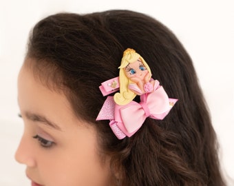 Princess Aurora Hair Clip - Set of 2 - Sleeping Beauty Handmade Hair Bow and Clip Set - Princess Pigtail Hair Clip.