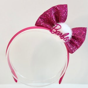 Pink Doll Bow Headband - Standing Sequin Doll Headband - Kids Accessories - Faux Fur Pom Pom Doll Headband.