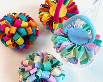 Grosgrain Ribbon Pom Pom Scrunchies Set - Set of 2 Handmade Scrunchies - Scrunchies Pigtail for Kids - Pigtail Set for Girls