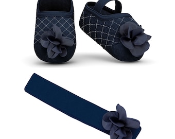 Navy Flower Grip Socks and Headband Set - 5 to 8 Month.