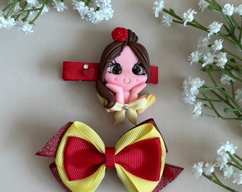 Princess Belle Hair Clip - Set of 2 - Beauty and The Beast Belle Handmade Hair Bow and Princess Clip Set.