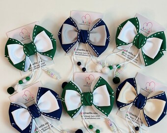 Hair Bow Navy Blue and Green Tail Bow - Back to School Hair Clip Secure Fit Hair Accessory for Girls