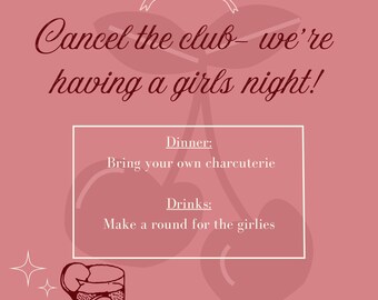 Girls Night In Einladung - Feminine rosa bearbeitbare Canva-Vorlage - Charcuterie & Drinks Party
