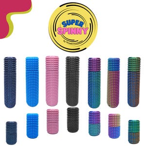 May include: A selection of colourful, textured cylindrical objects. The objects are in various colours, including blue, pink, black, and iridescent hues. The image also features a yellow circle with the text "SUPER SPINNY" and "by ThreeD Printables".