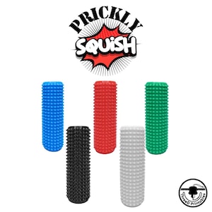 May include: Five colorful, cylindrical massage tools with a textured, spiky surface. The colors include blue, red, green, black, and white. The image also features the text "PRICKLY SQUISH" in a circular design.