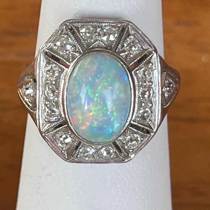 Platinum-Plated Opal and Zircon Ring