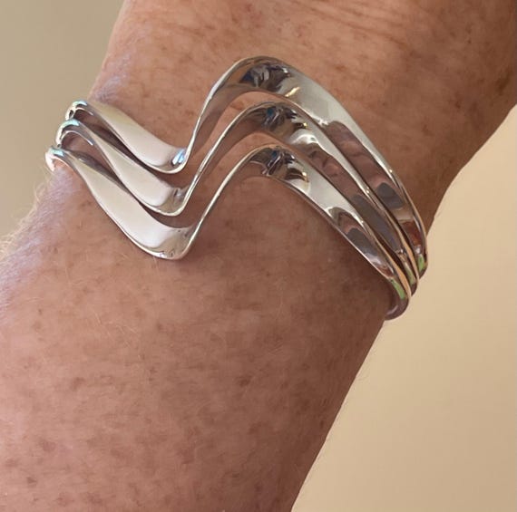 Solid Sterling Silver asymmetrical three bar cuff… - image 4