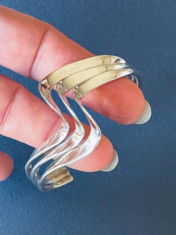 Solid Sterling Silver asymmetrical three bar cuff… - image 7
