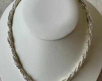 Italian  Sterling  Silver beautiful three strand twisted  bar bead necklace! Heavy and very nice!Statement Necklace. Quality Italian Silver!
