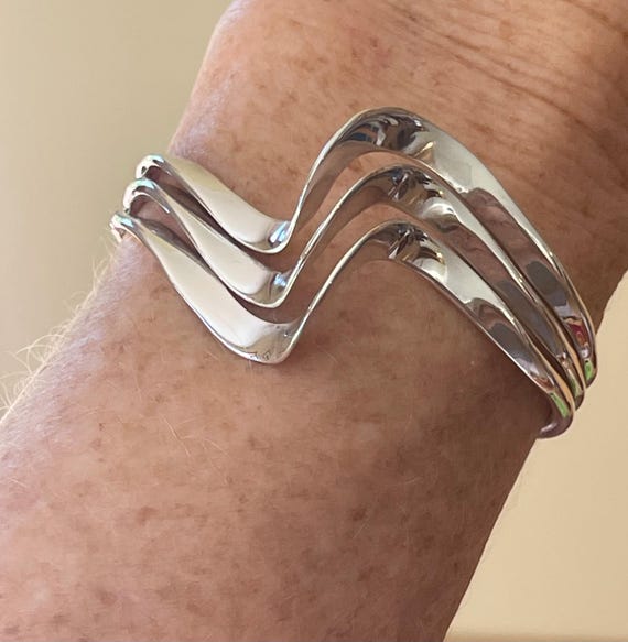 Solid Sterling Silver asymmetrical three bar cuff… - image 2