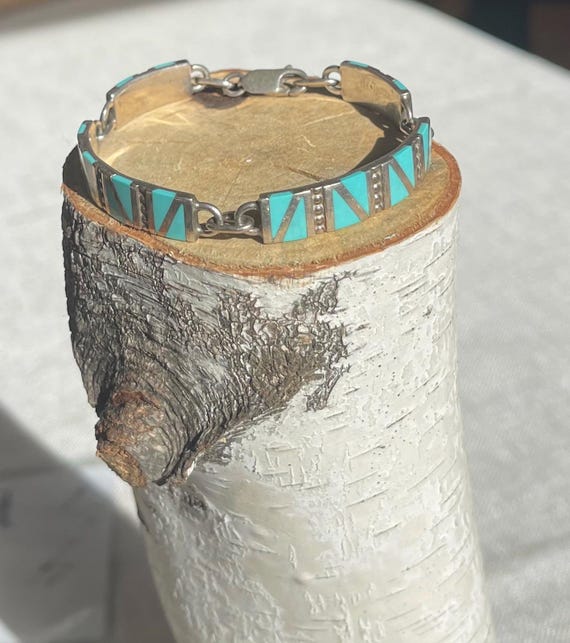 Zuni silver and turquoise inlay link bracelet sig… - image 1