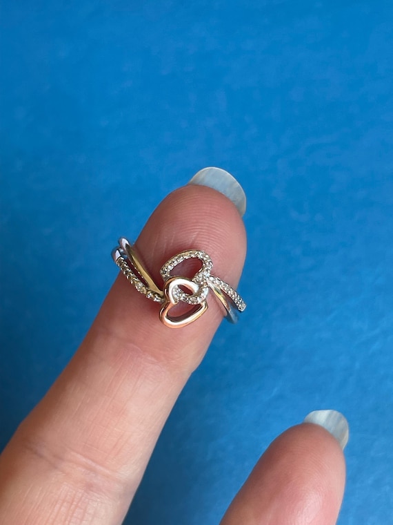 Sterling Silver, 10Kt Rose Gold and Diamonds Double Interconnected Hearts Ring!