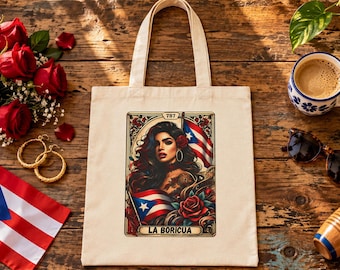 Puerto Rico Tote Bag, Boricua Canvas Tote, Puerto Rican Gift for Her, Latina Tarot Card Bag, PR Flag Book Bag, Reusable Grocery Tote Bag