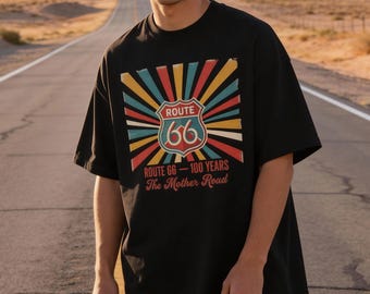 Maglietta centenario della Route 66, maglietta vintage Mother Road, maglietta retrò anniversario della Route 66, regalo per viaggio su strada in stile americano, regalo classico in stile americano