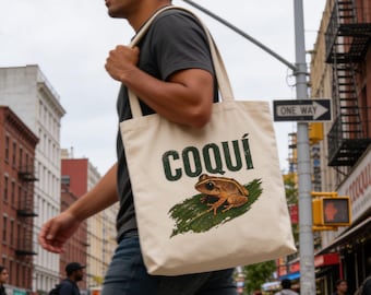 Coquí Tote Bag, Puerto Rico Frog Tote, Boricua Canvas Bag, Puerto Rican Gift, Coqui Frog Bag, Caribbean Beach Market Tote Shopper