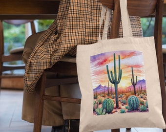 Desert Sunset Cactus Tote Bag, Nature Lover's Gift, Cactus Sunset Watercolor Tote,Desert Landscape Art,Watercolor Cacti Design,Sunset Design