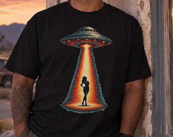 UFO Abduction Shirt, Alien Tractor Beam Tee, Retro Sci-Fi Pin Up Silhouette, Flying Saucer Graphic, Vintage Outer Space Art, UFO Lover Gift