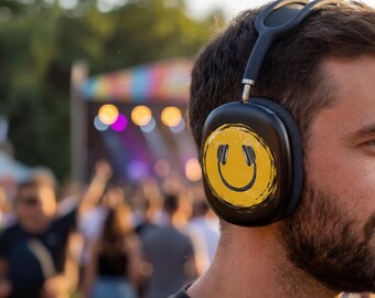 Black AirPods Pro Max Case Cover Only, DJ Smiley Headphone Design, Music Lover Gift, Gamer Headphones Cover, Gift For Podcasters, Music Gift